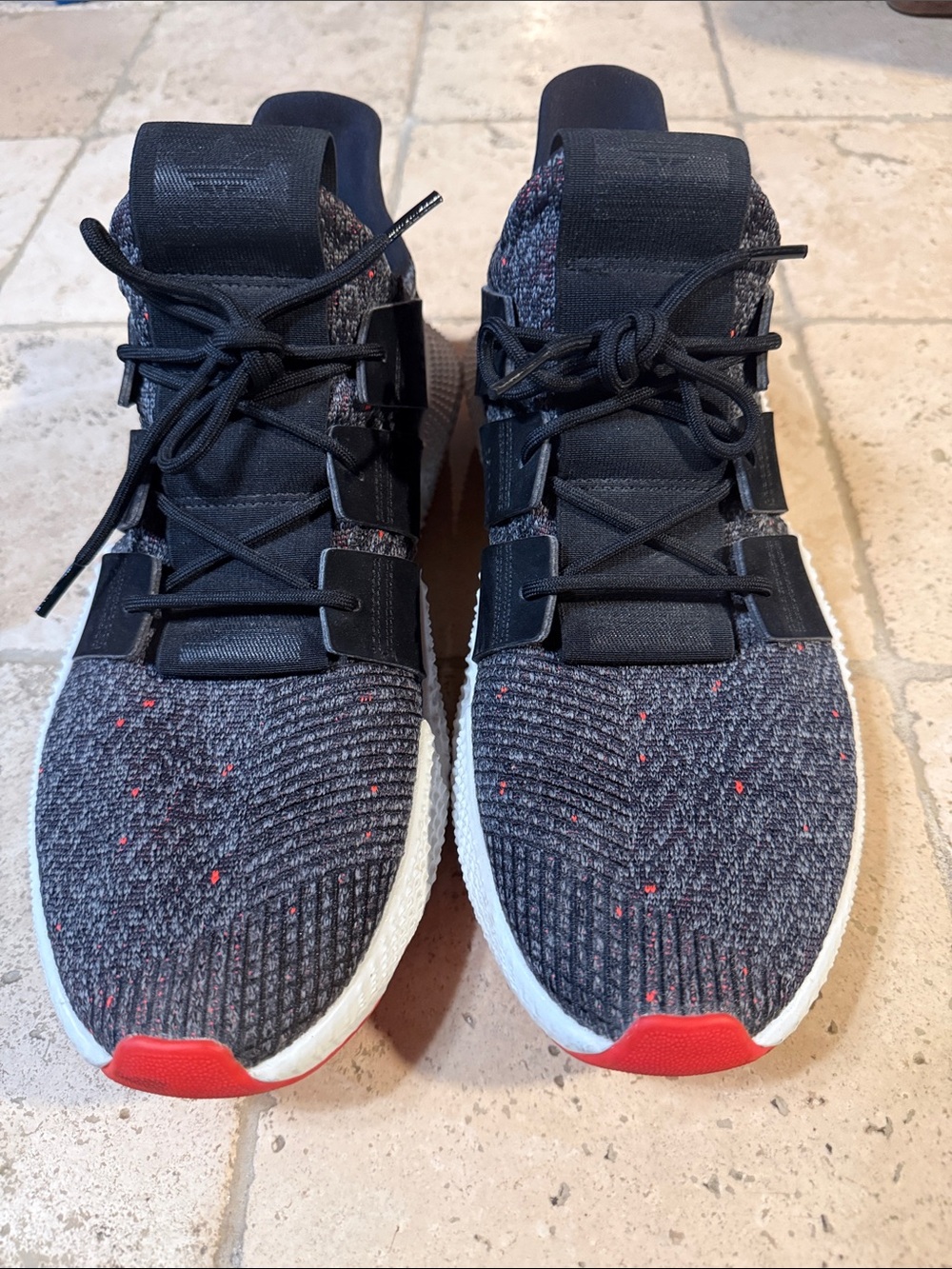 adidas Men's Black Knit Athletic Sneakers with Red Accents
